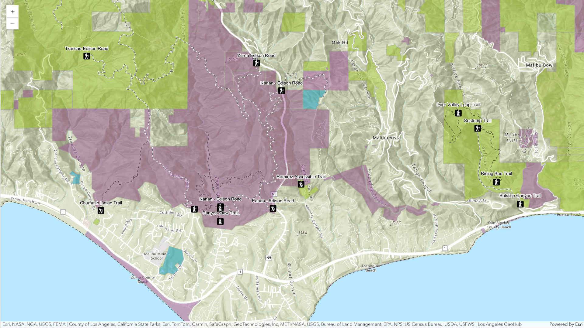 Map zoomed into Los Angeles showcasing the city's parks and trails.